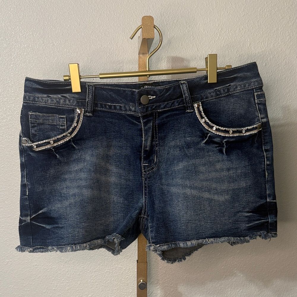 Flamingals Embroidered Western Denim Shorts XL Rhinestone Fringe Hem